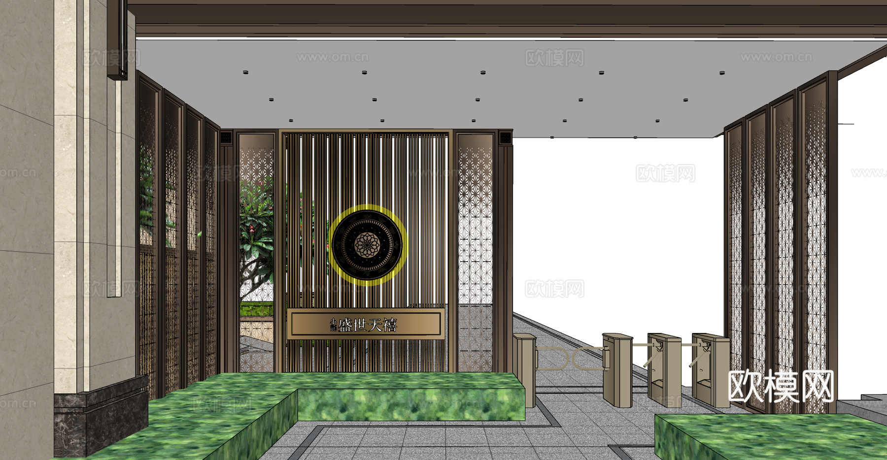 新中式小区入口大门su模型下载