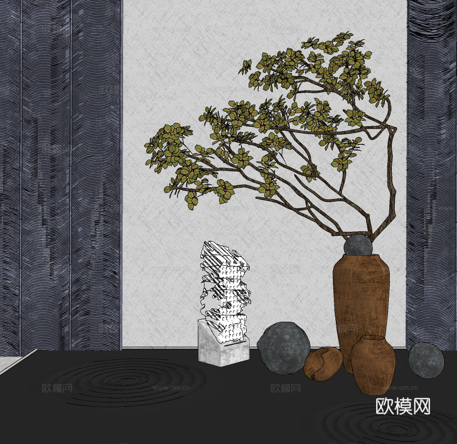 新中式陶罐插花su模型下载