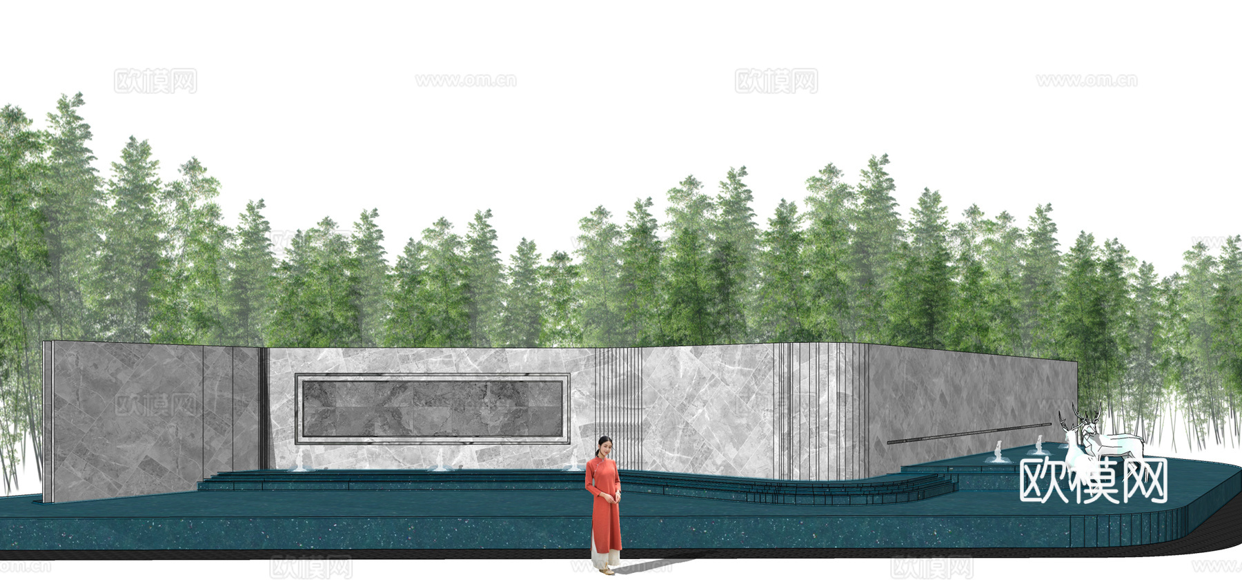 现代水池景观墙su模型下载