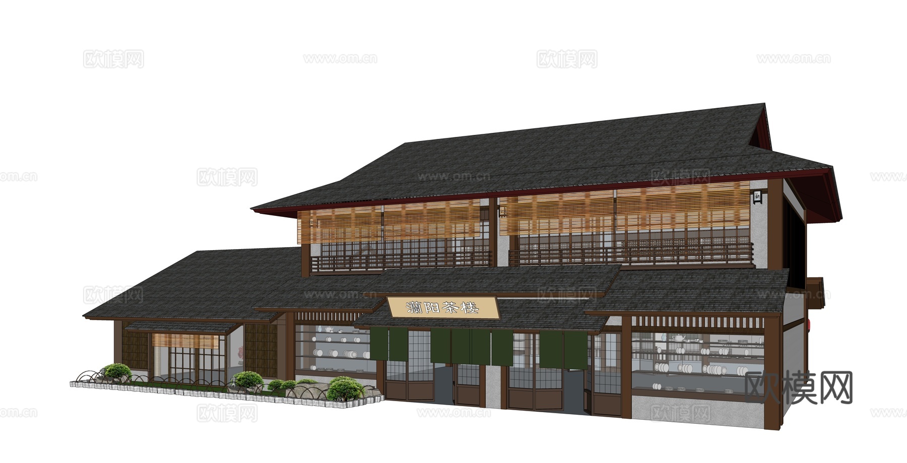 新中式茶楼建筑外观su模型下载