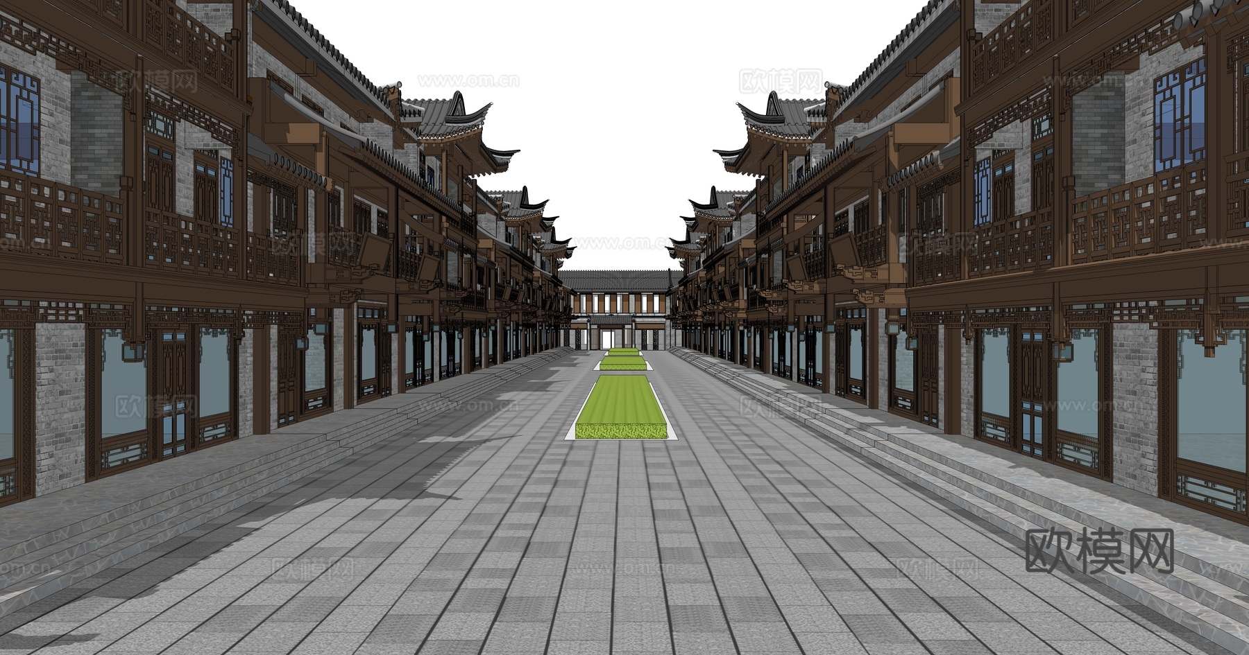 中式古建商业街su模型下载