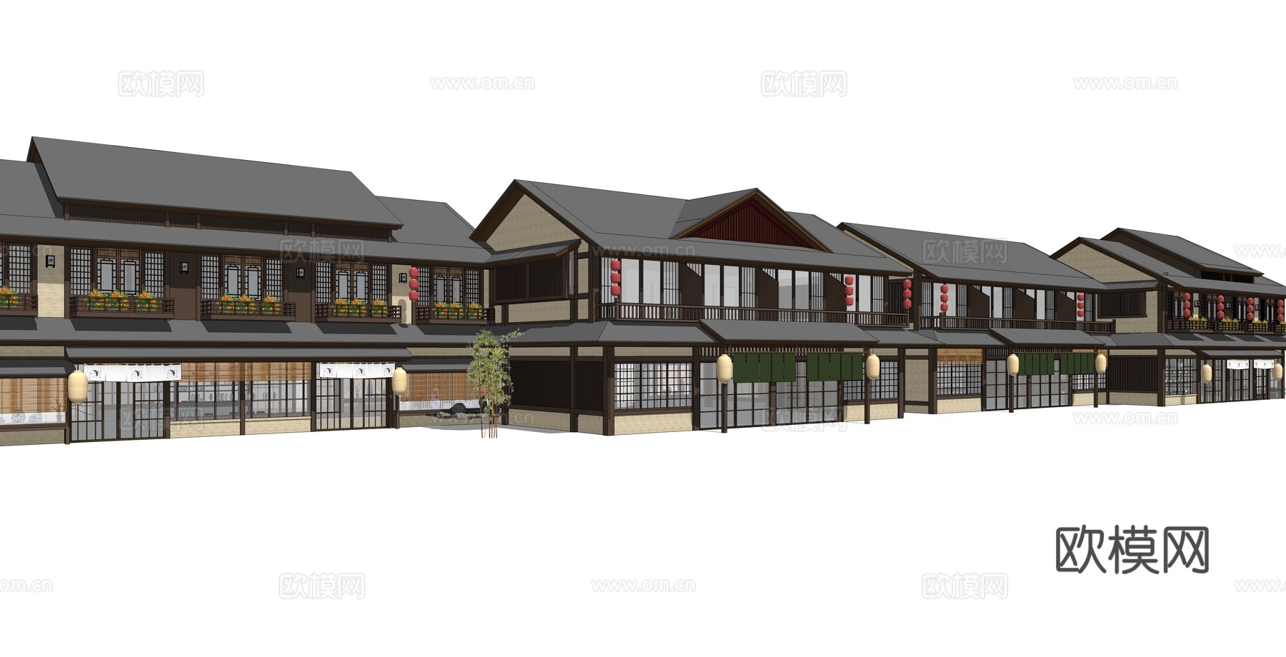 新中式商铺建筑外观su模型下载