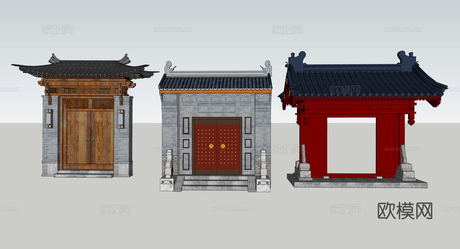 中式古建大门院门su模型下载