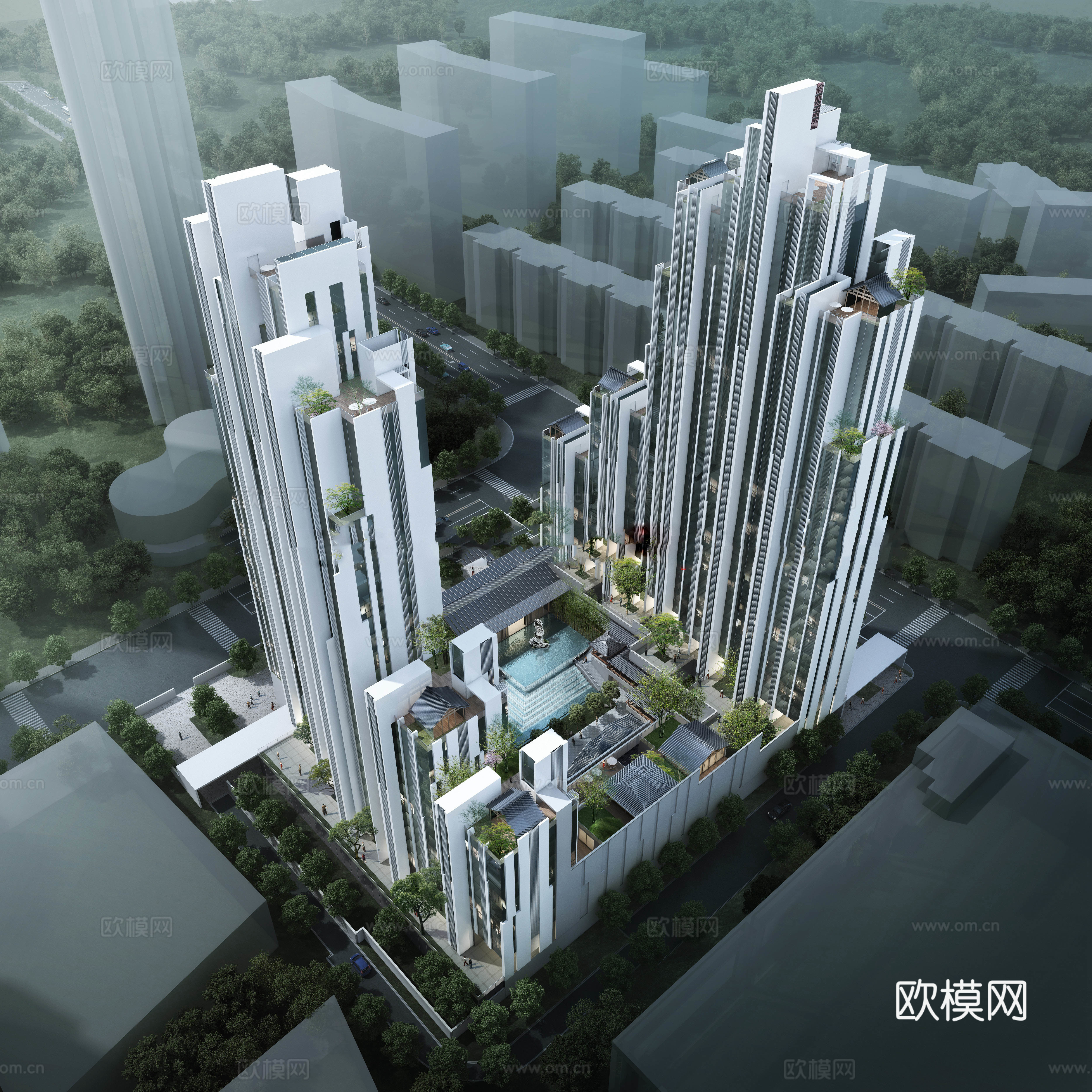 新中式高层住宅楼外观su模型下载