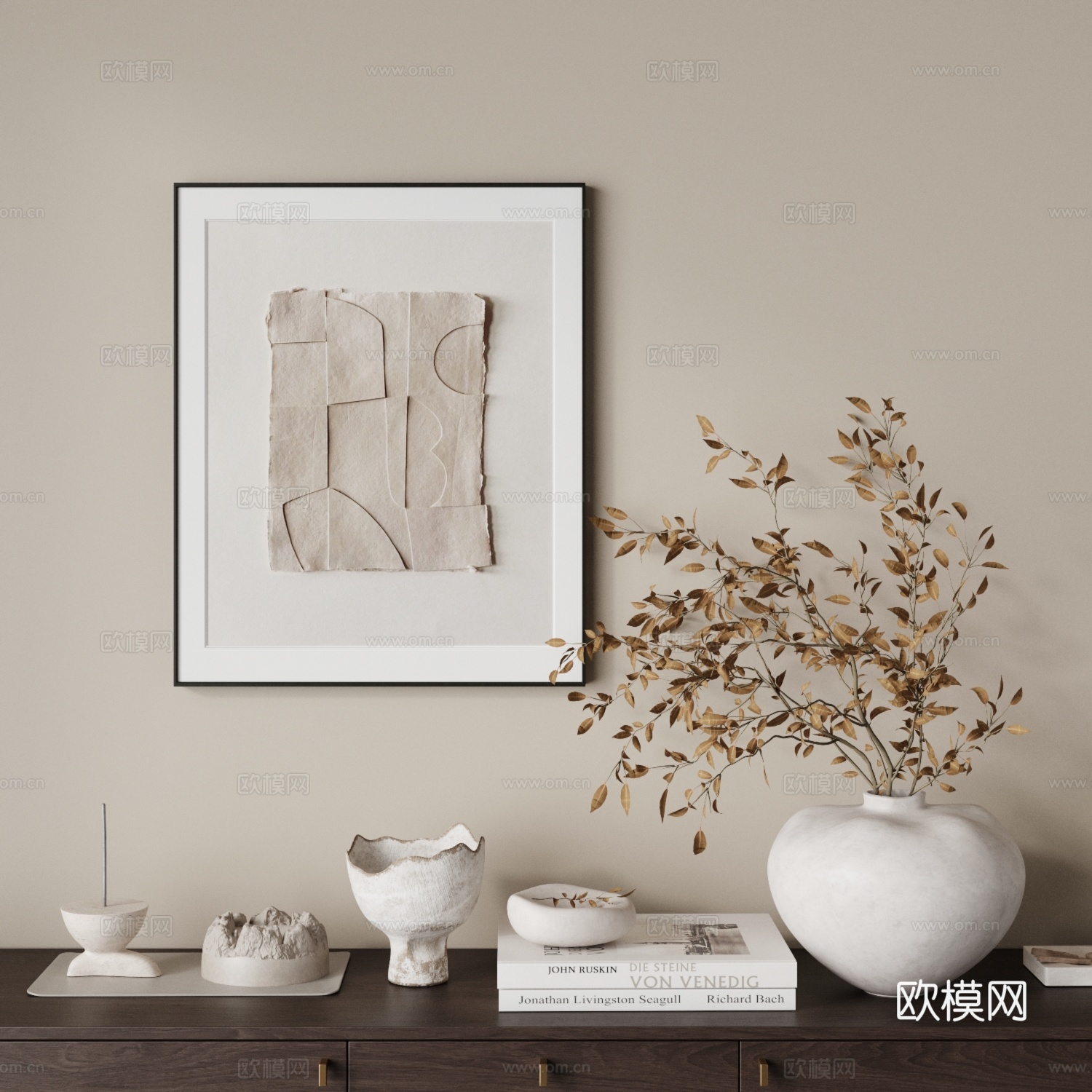 现代陈设摆件 植物 挂画 桌面装饰 书籍 装饰品 干花su模型