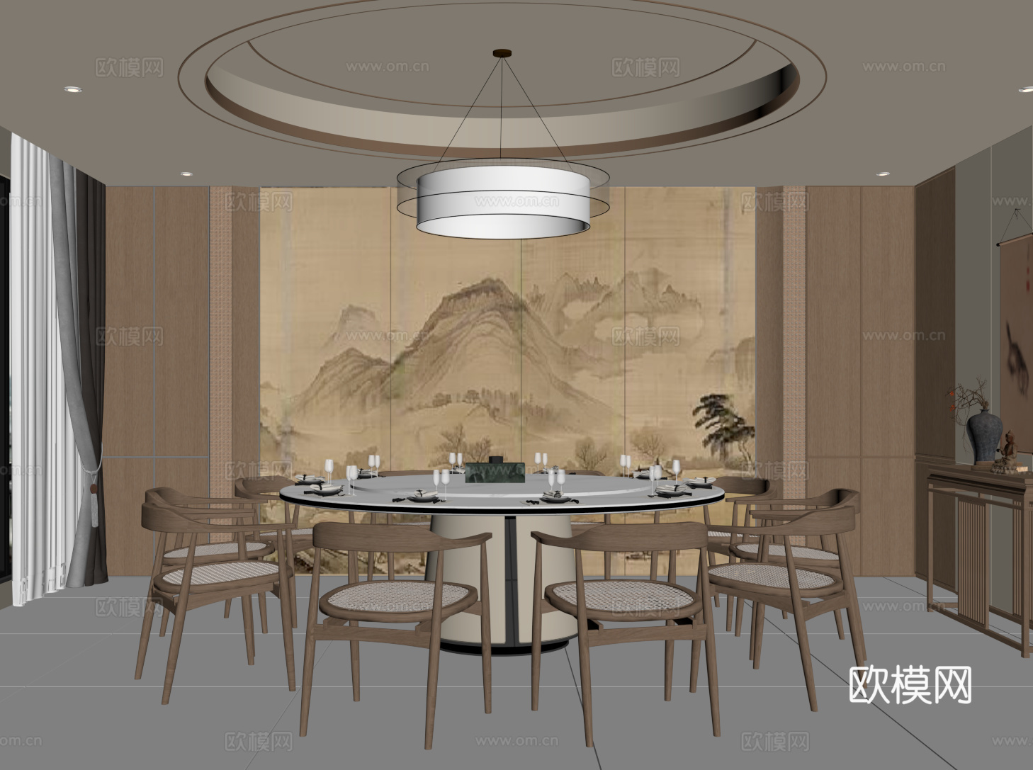 新中式包间 包厢 宋氏包间 餐桌椅su模型