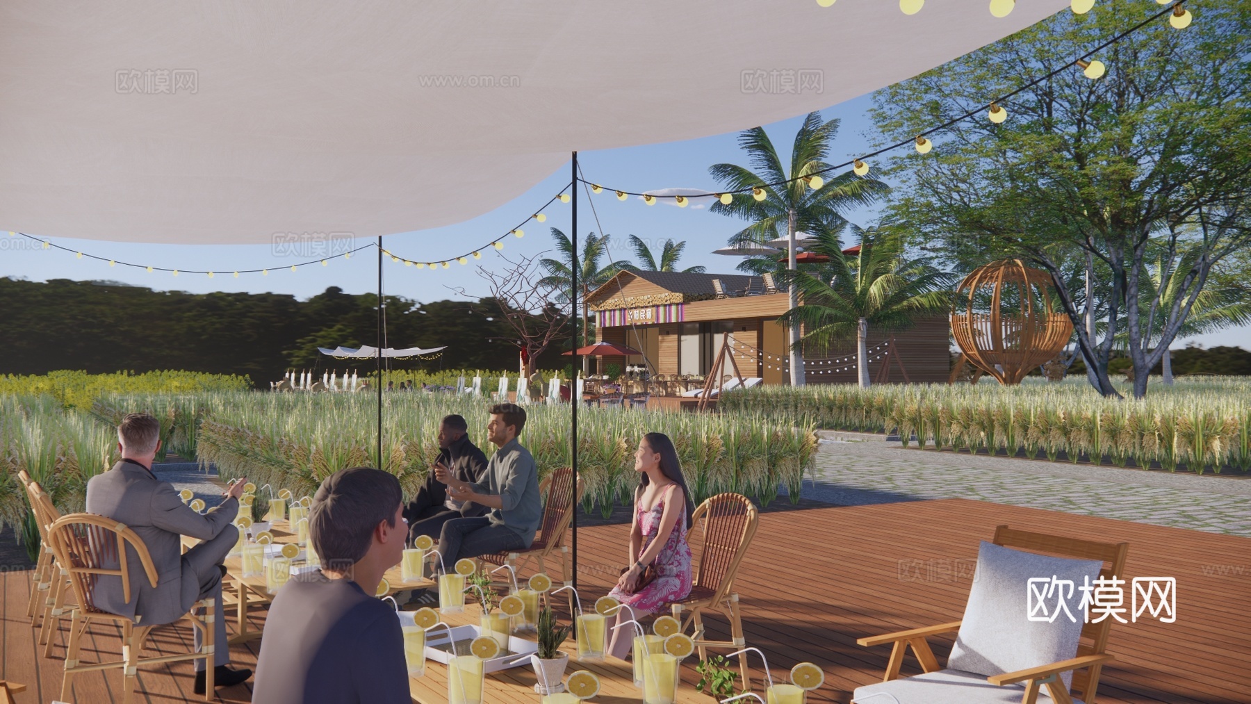 新中式乡村稻田餐厅建筑外观su模型下载