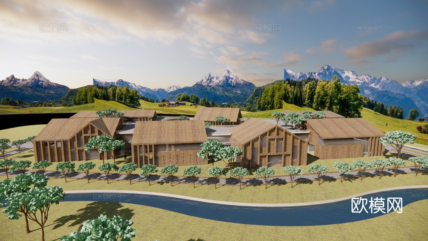 新中式展览馆建筑外观su模型下载