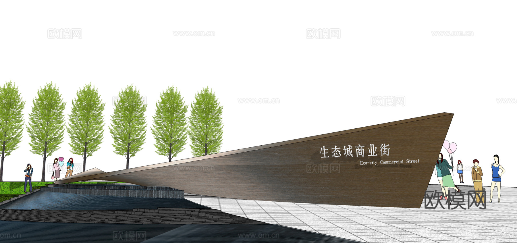 现代景观墙su模型下载