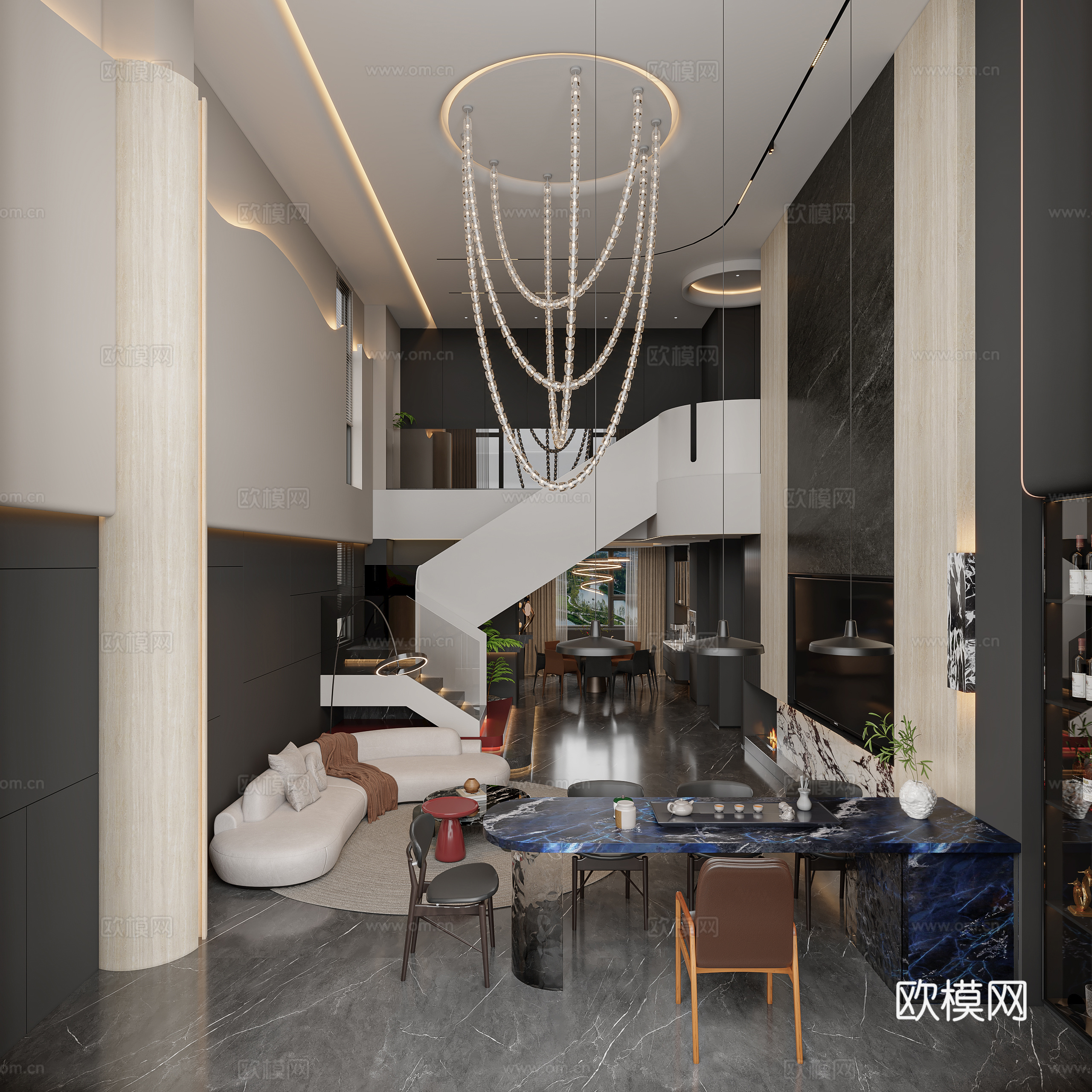 意式轻奢别墅客餐厅3d模型