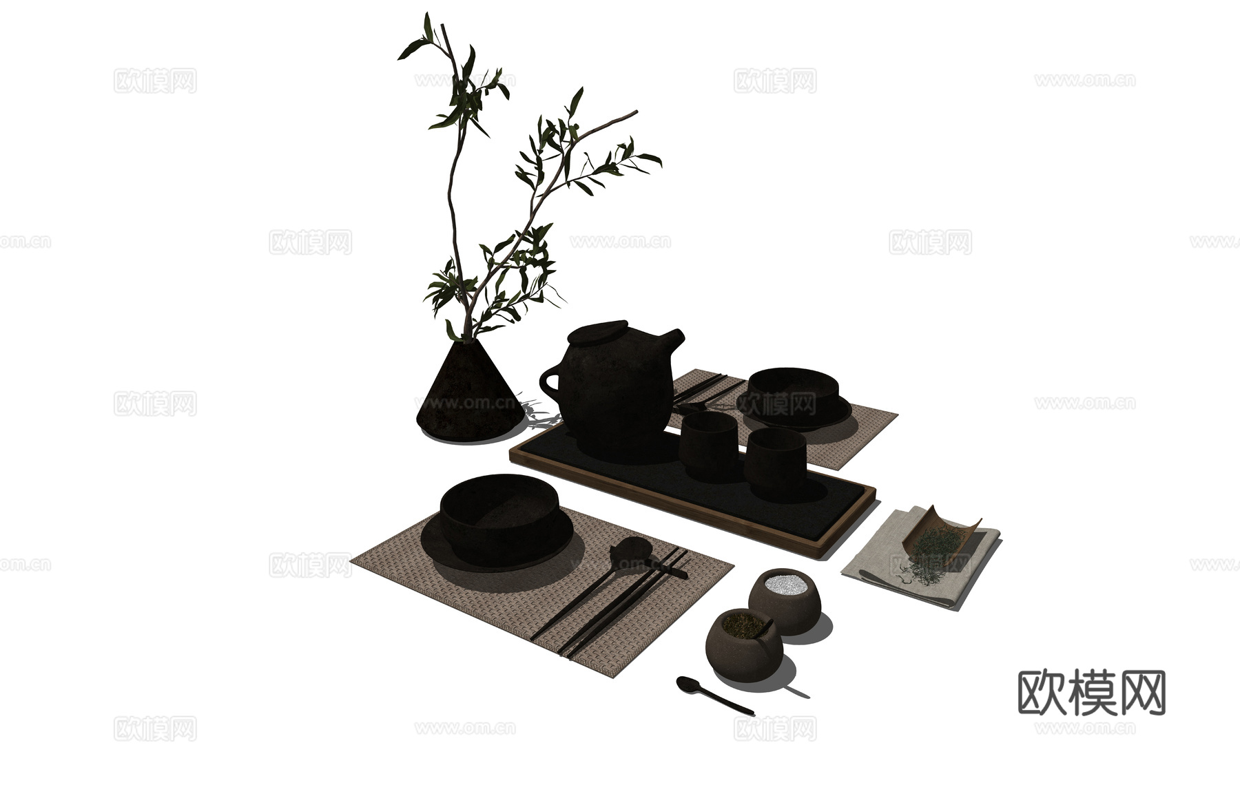 新中式茶壶茶具su模型下载