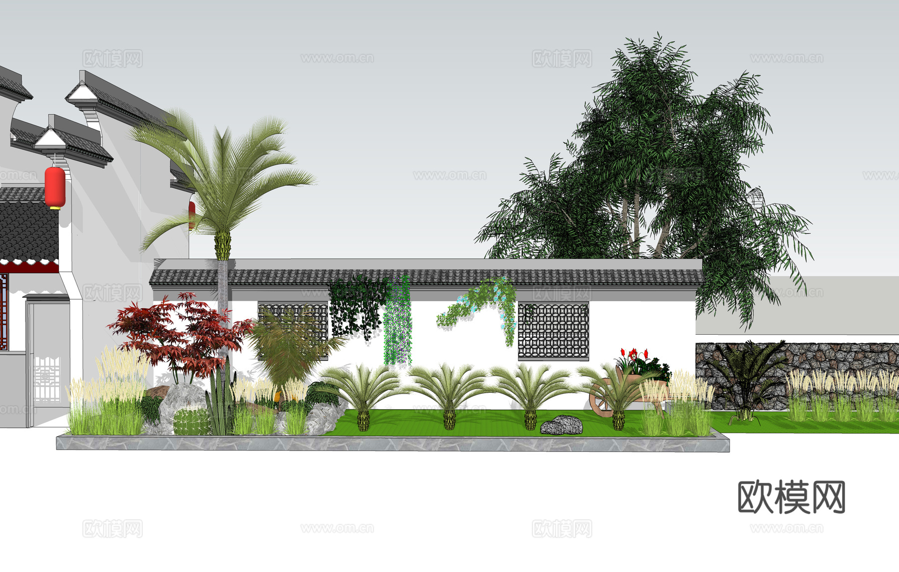 新中式院墙花坛su模型下载