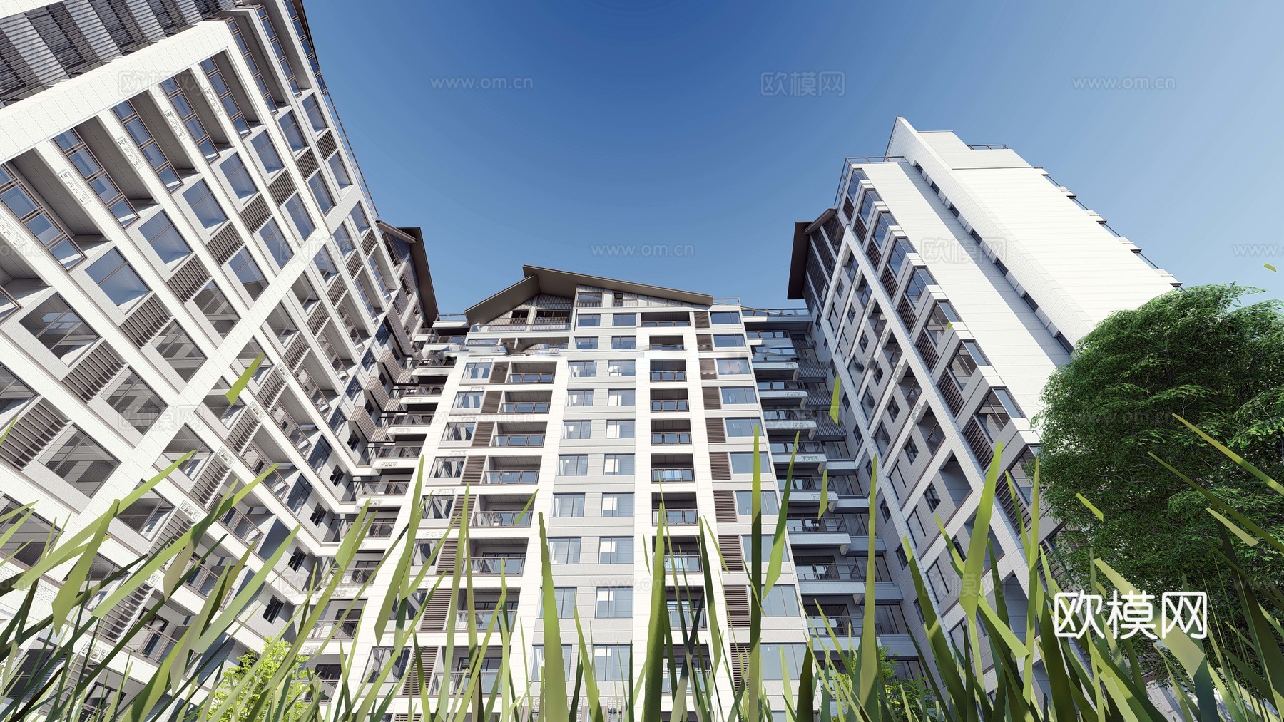 新中式住宅小区外观su模型下载