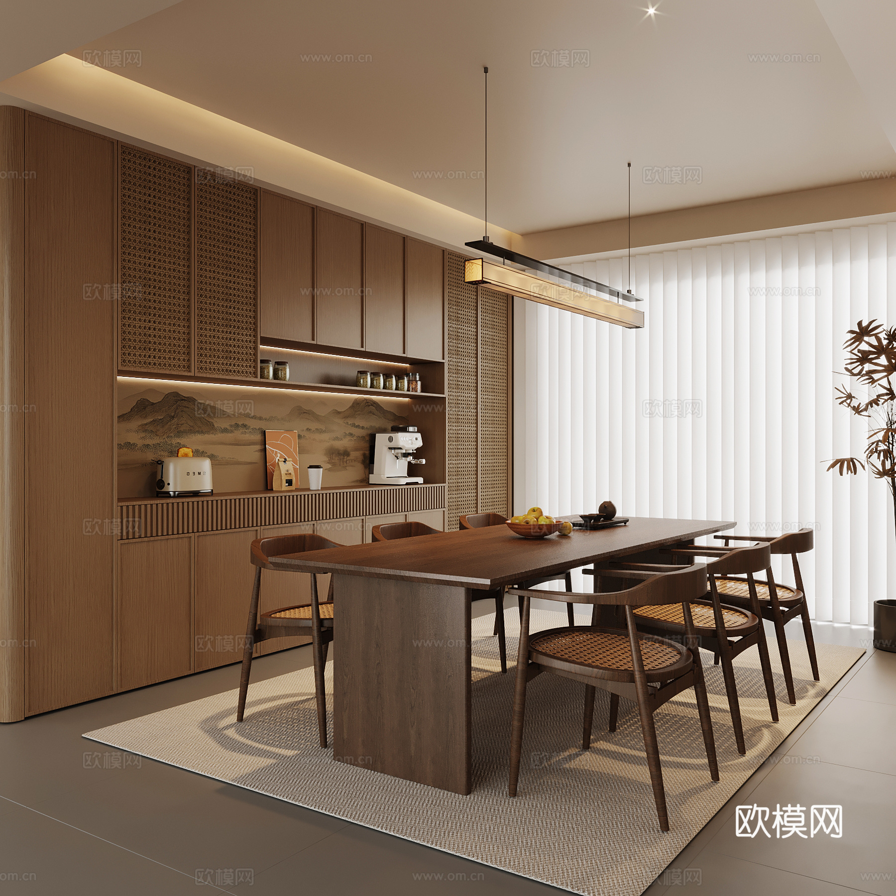 新中式餐厅 餐桌椅 酒柜3d模型
