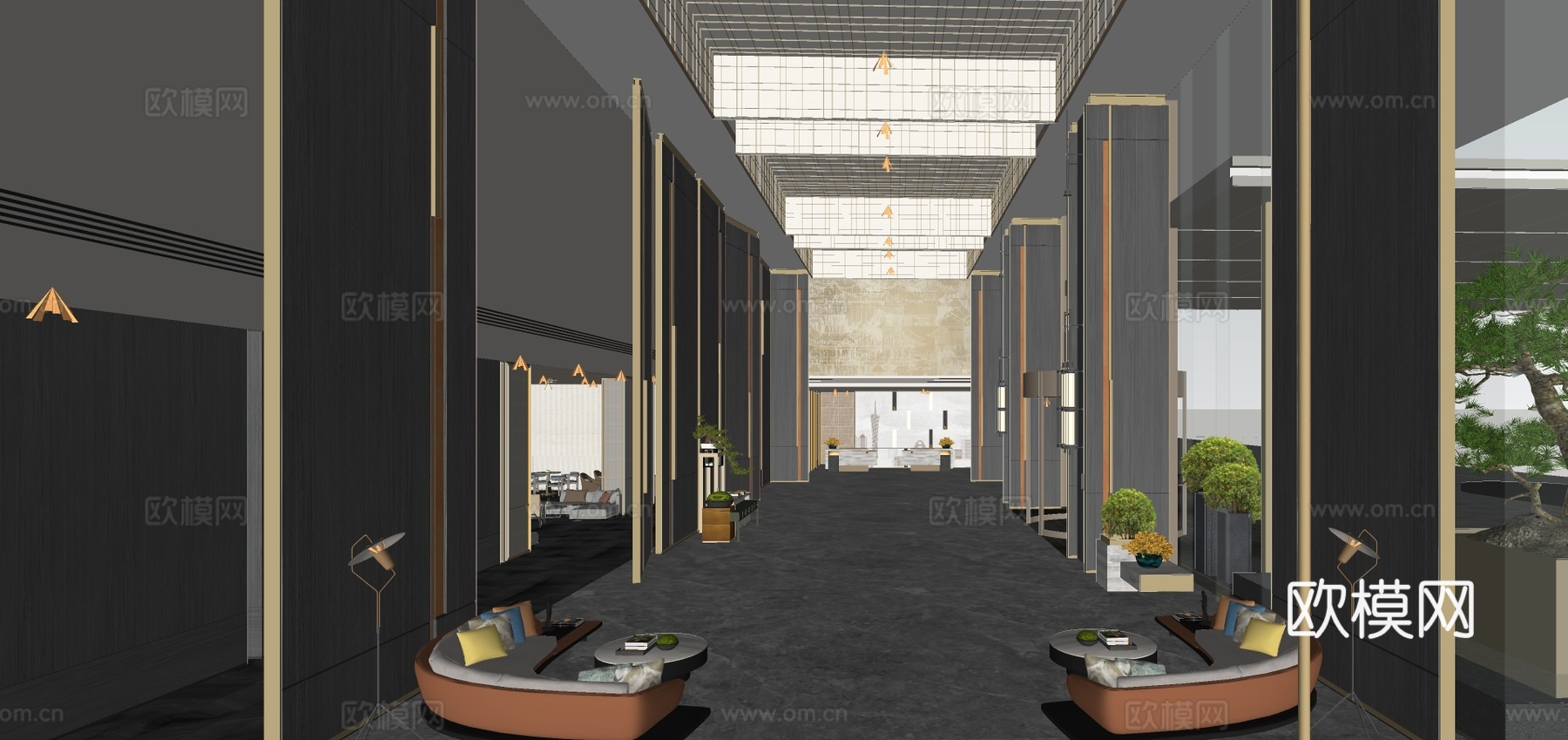 新中式酒店大堂su模型下载