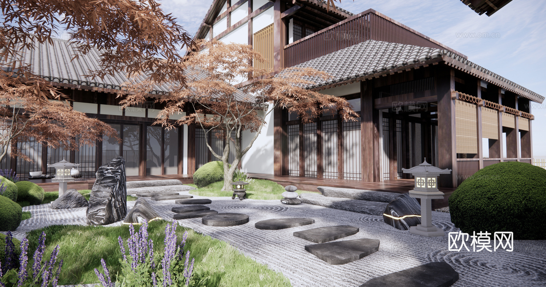 日式枯山水庭院花园su模型下载