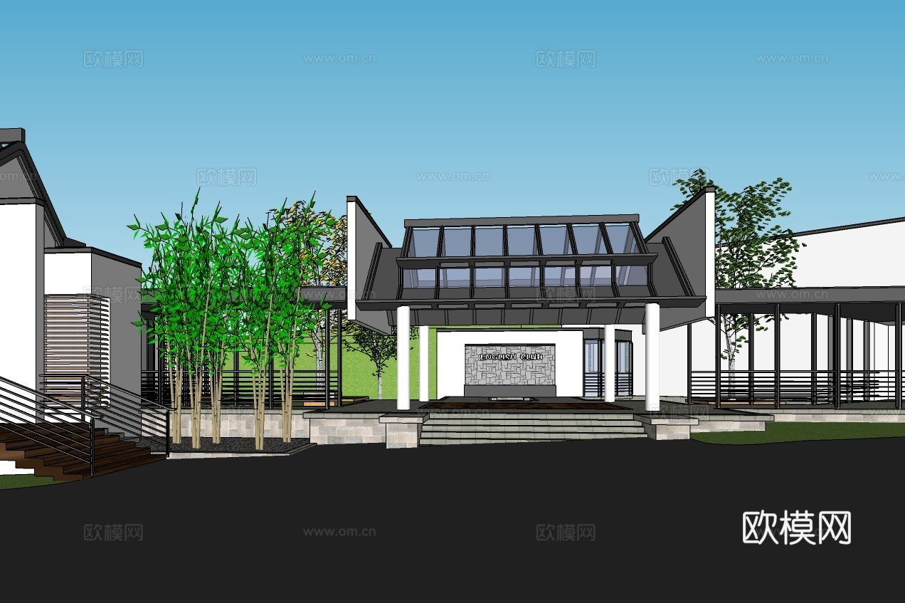 新中式山地会所建筑外观su模型下载