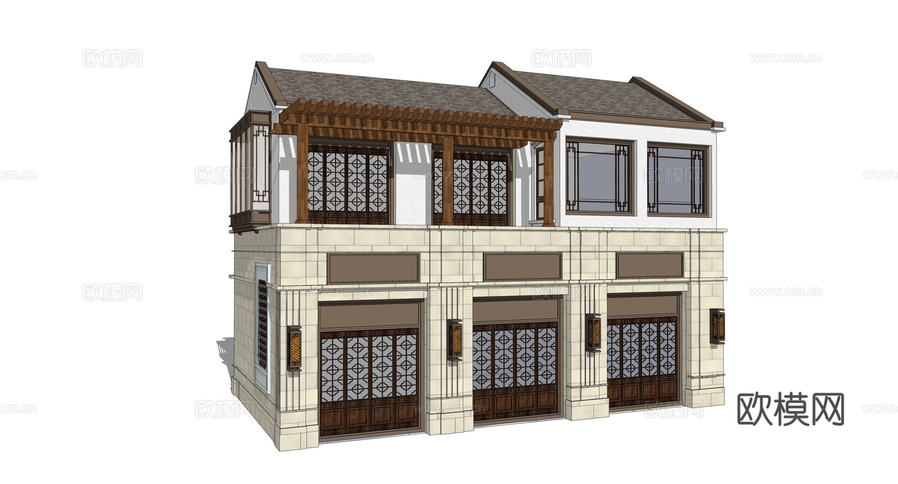 新中式商铺建筑外观su模型下载