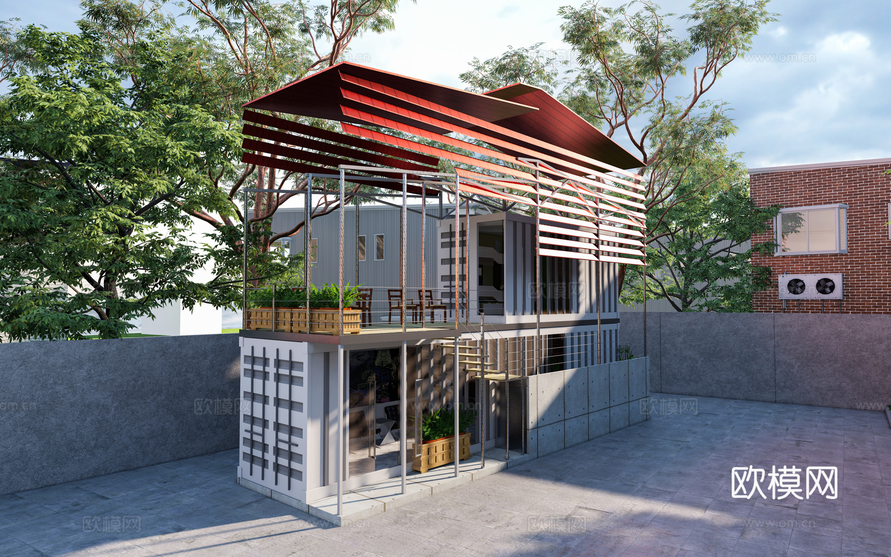 工业风集装箱建筑外观su模型下载
