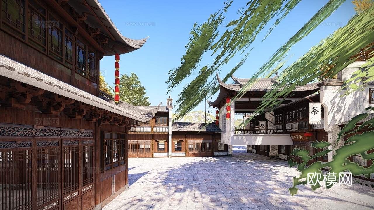 中式古镇商业街su模型下载