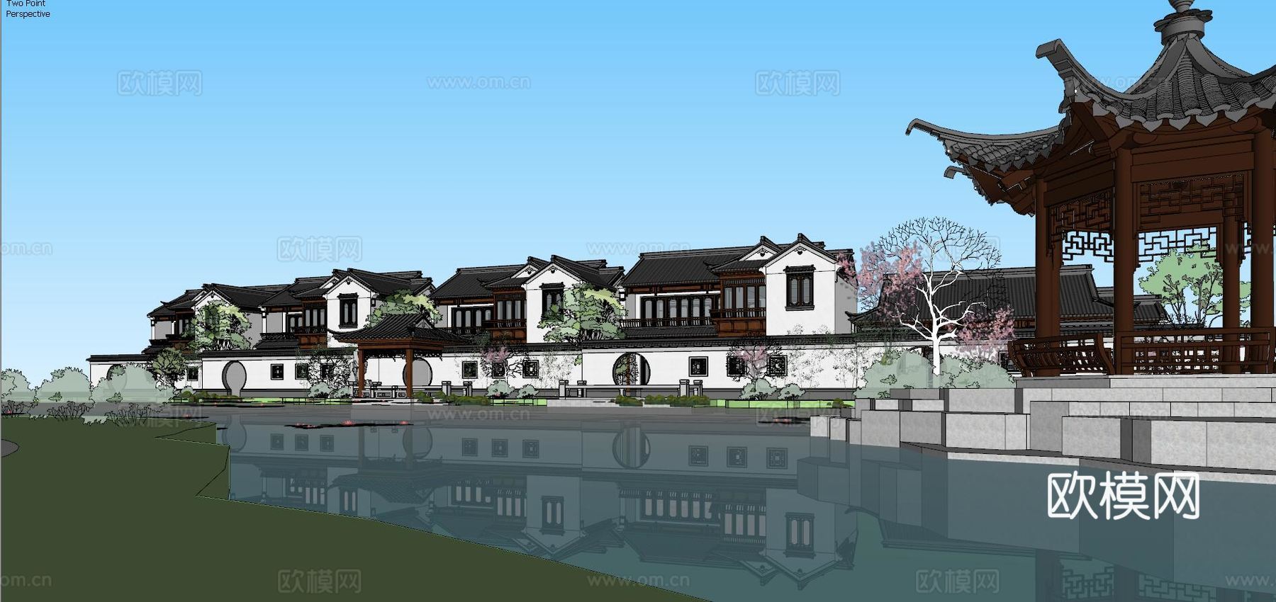 中式古建联排别墅外观su模型下载