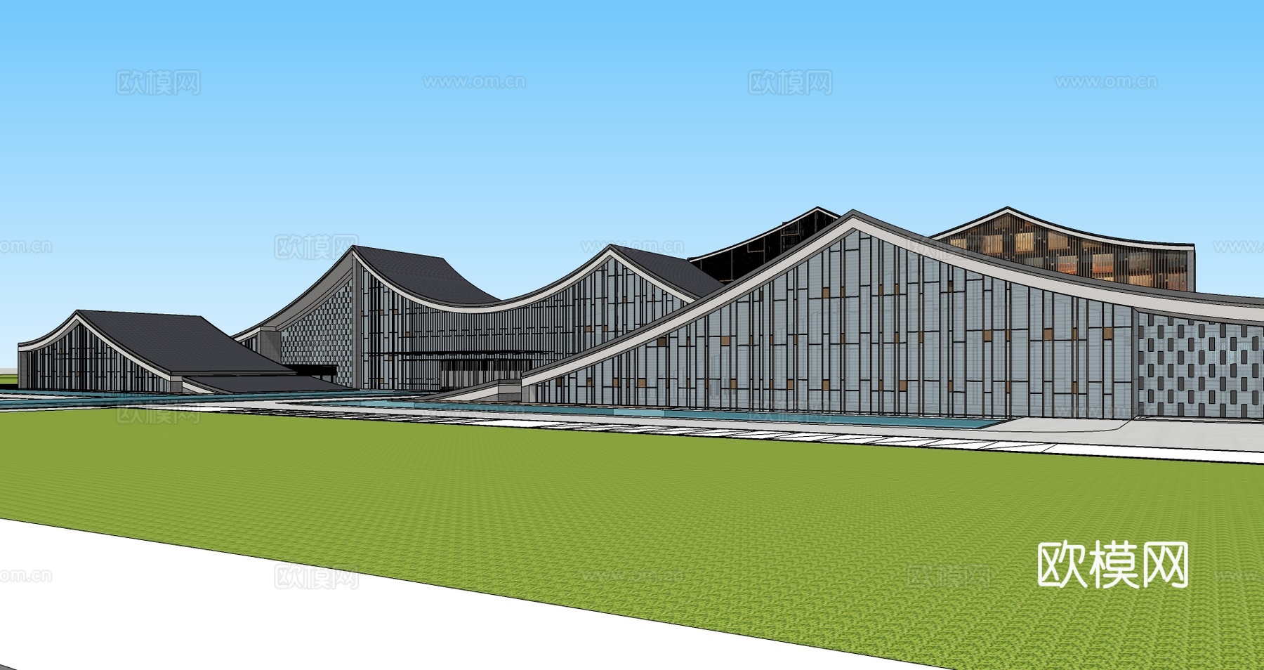 新中式展览馆建筑外观su模型下载