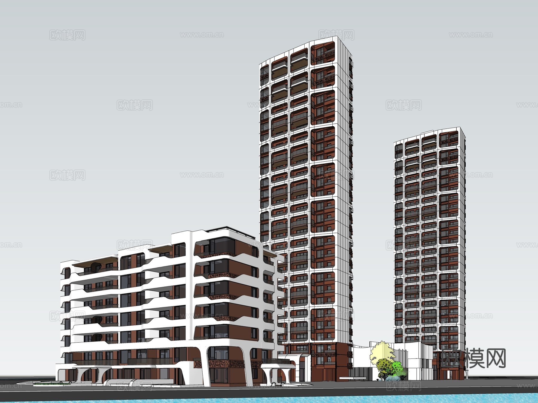 现代高层住宅小区外观su模型下载