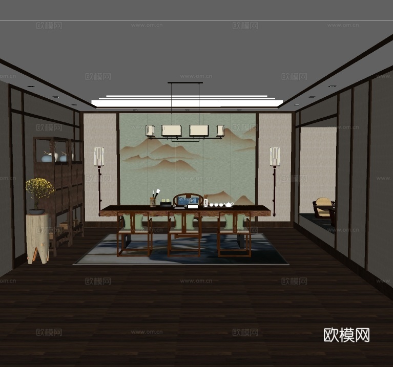新中式书房茶室su模型下载