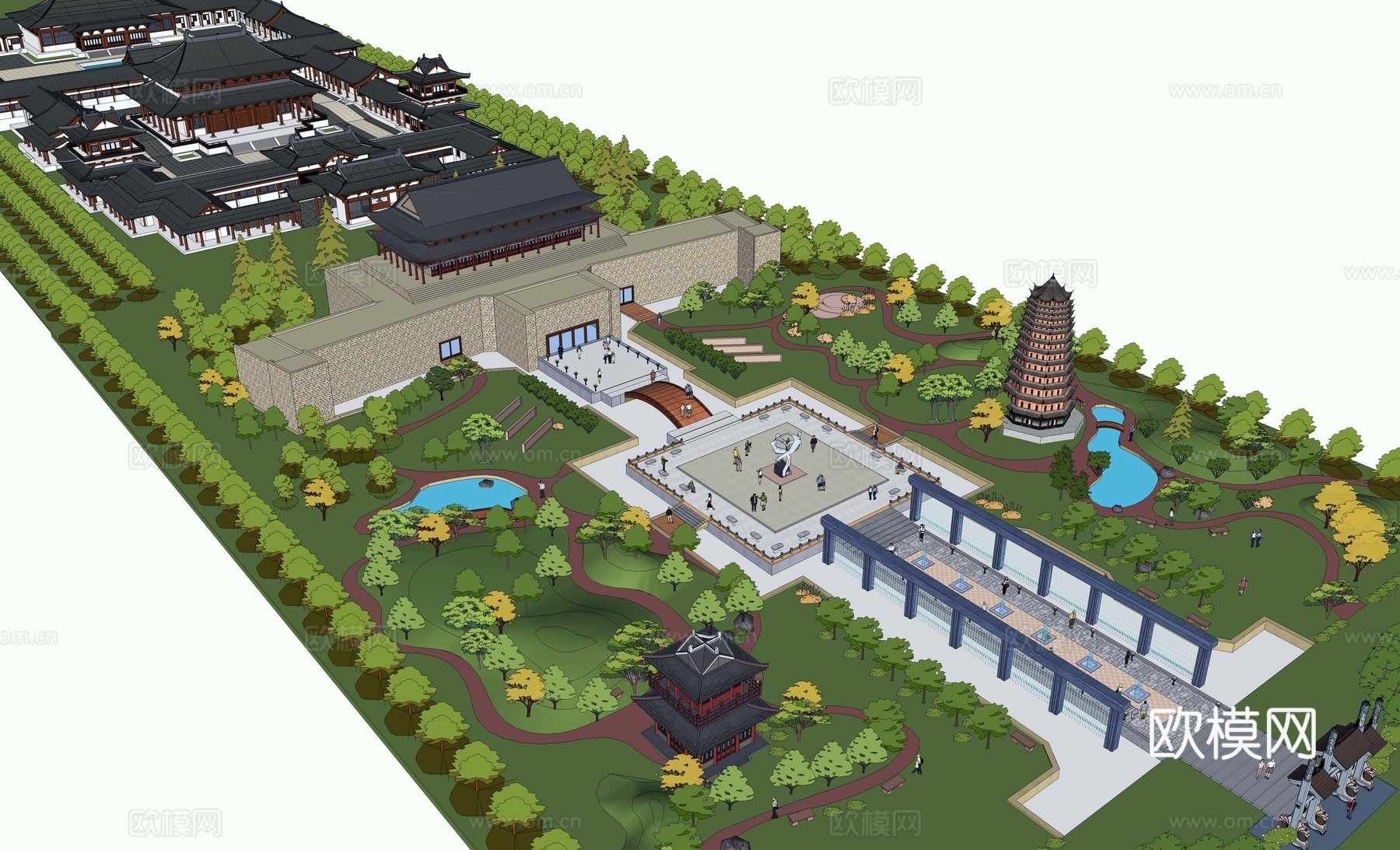 中式古建主题公园su模型下载