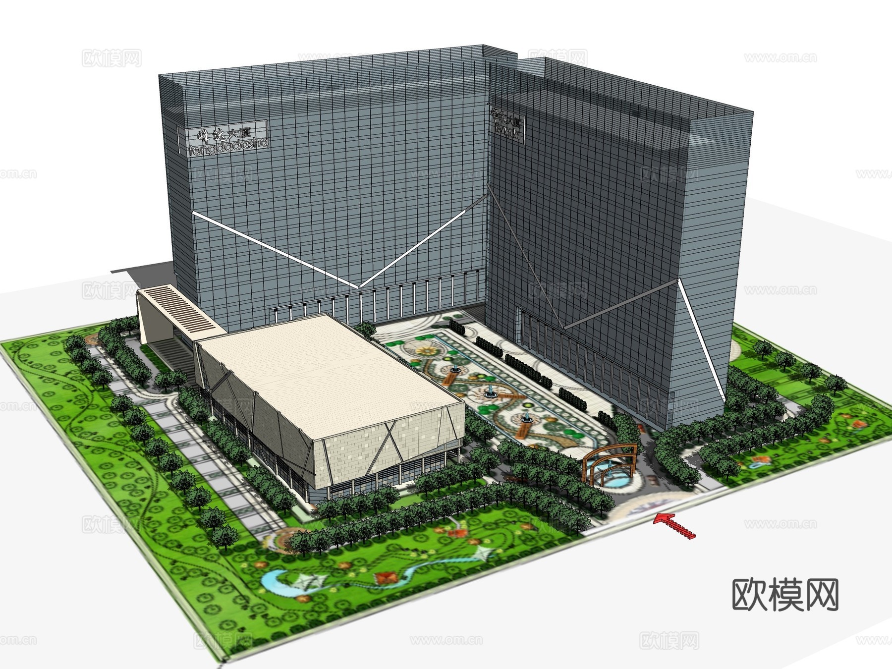 现代高层写字楼建筑外观su模型下载
