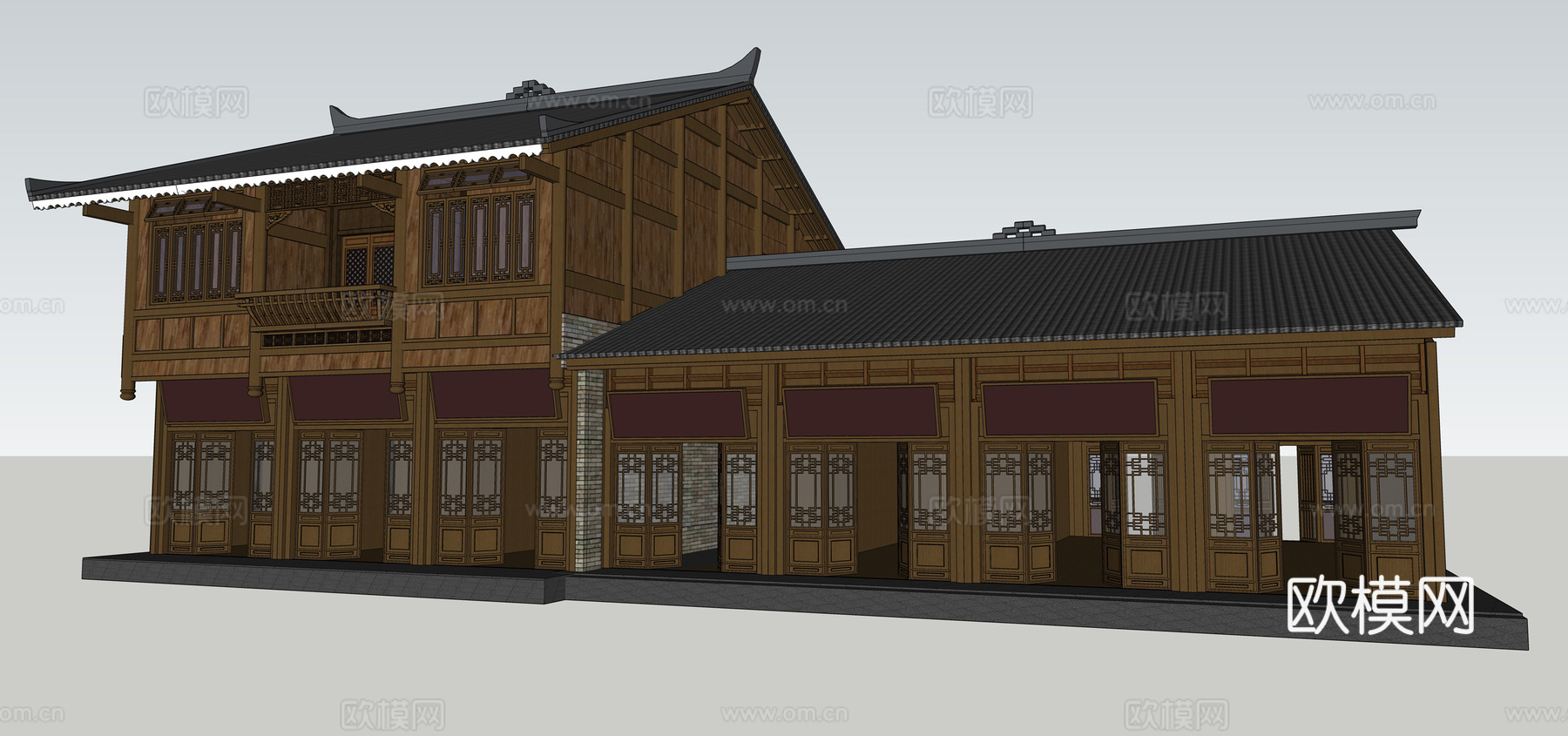 中式古建客栈建筑外观su模型下载