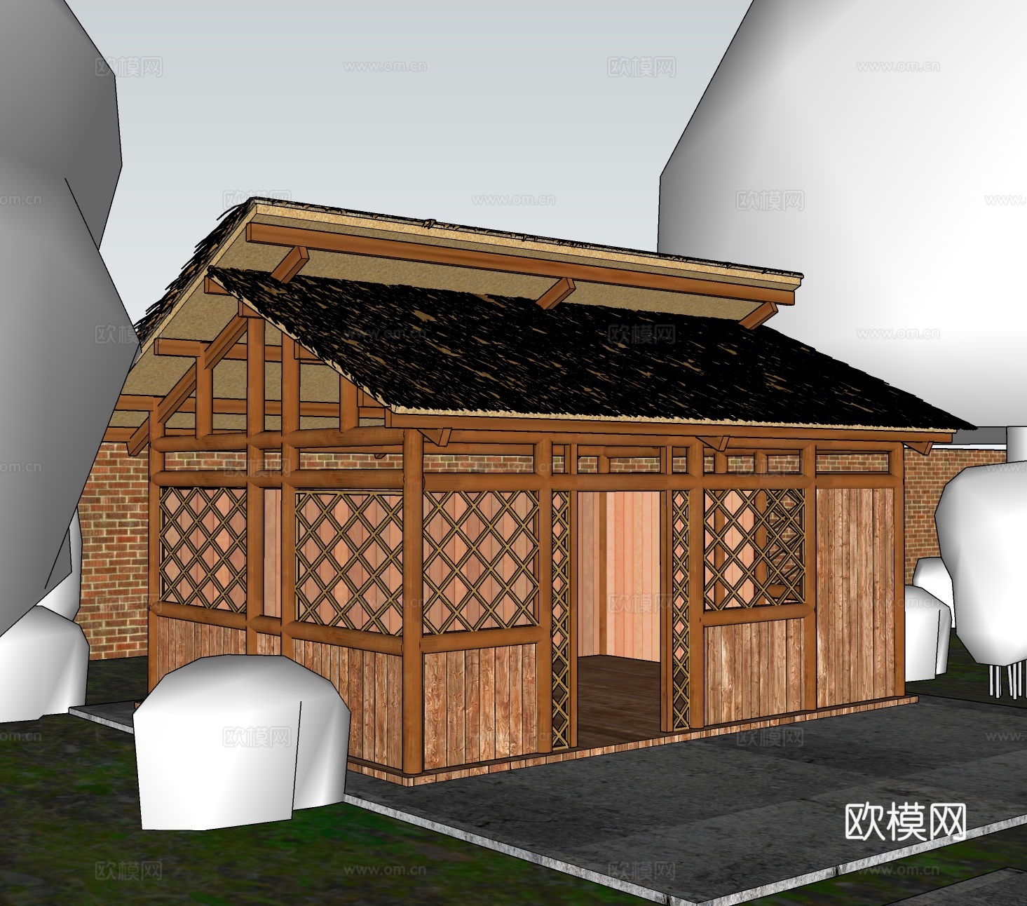自然风木屋建筑外观su模型下载