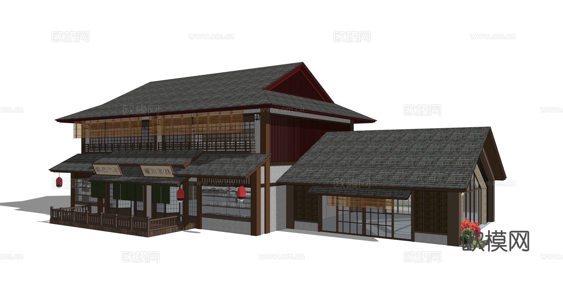 新中式茶楼建筑外观su模型下载