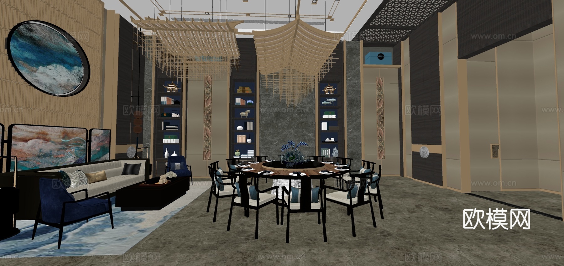 新中式酒店餐厅包厢su模型下载