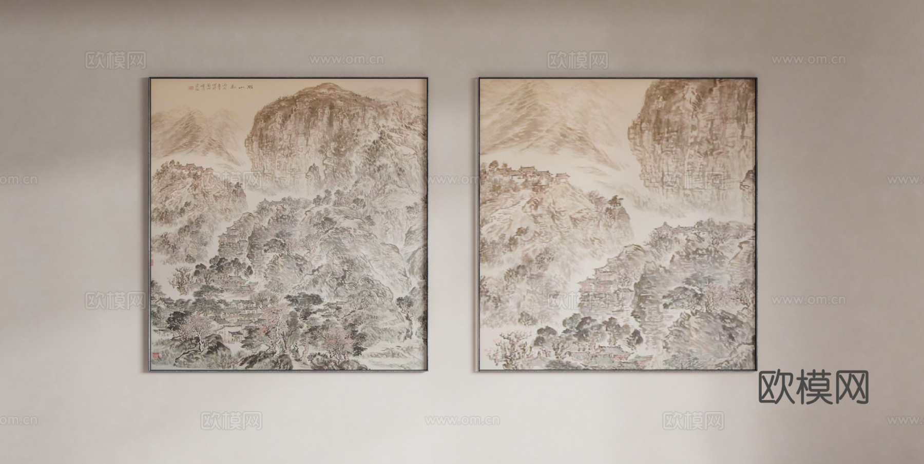 中式山水装饰画su模型下载