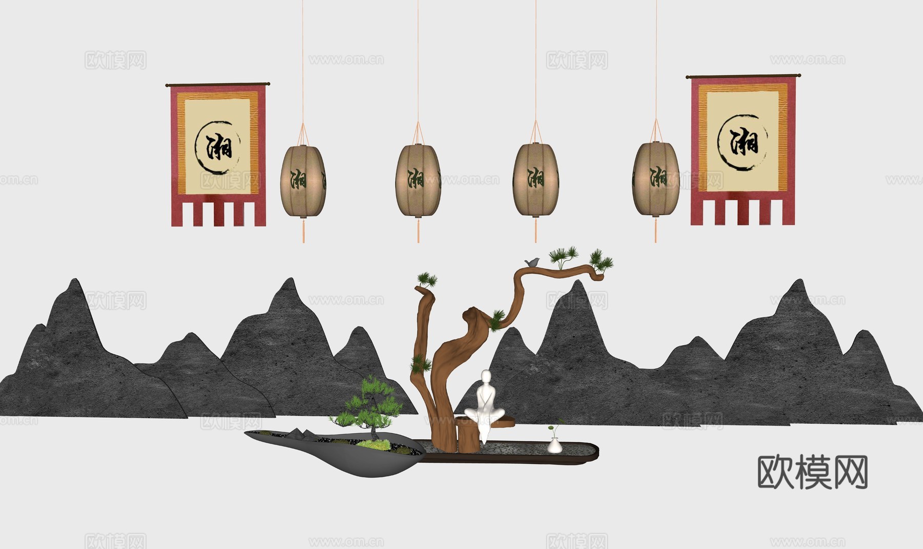 新中式假山景观小品su模型下载