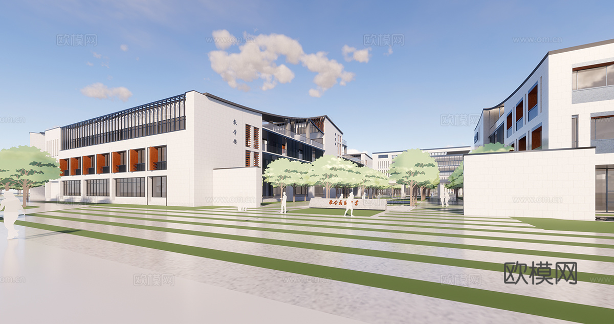 新中式学校教学楼su模型下载