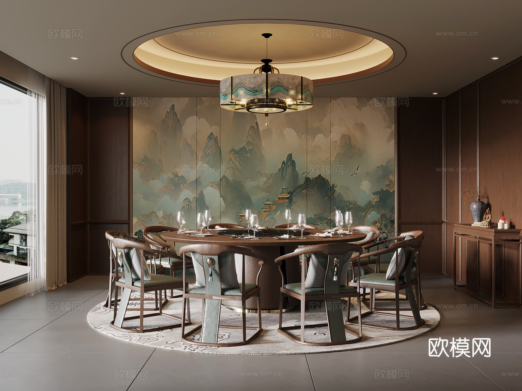 新中式包间包厢 餐桌椅3d模型