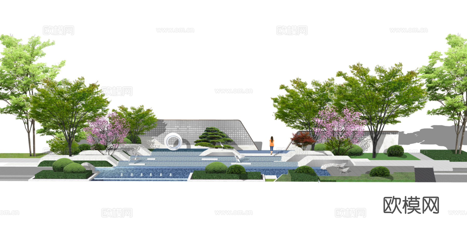 新中式景墙水景小品su模型下载