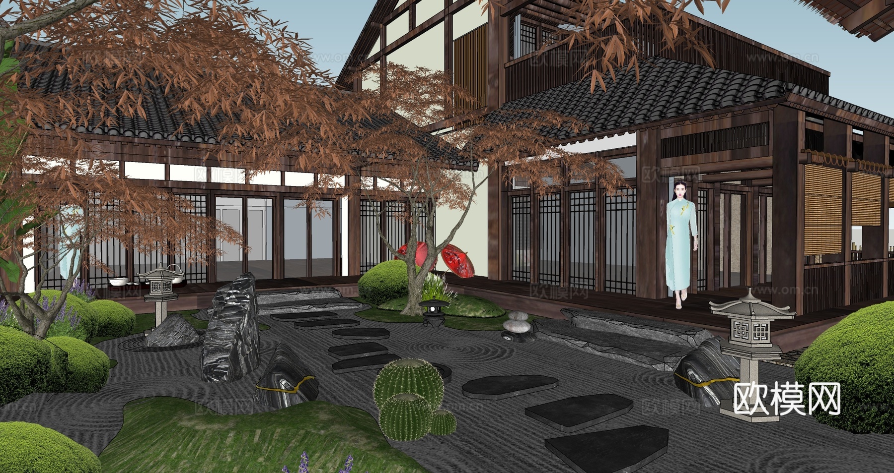 日式古建庭院花园su模型下载