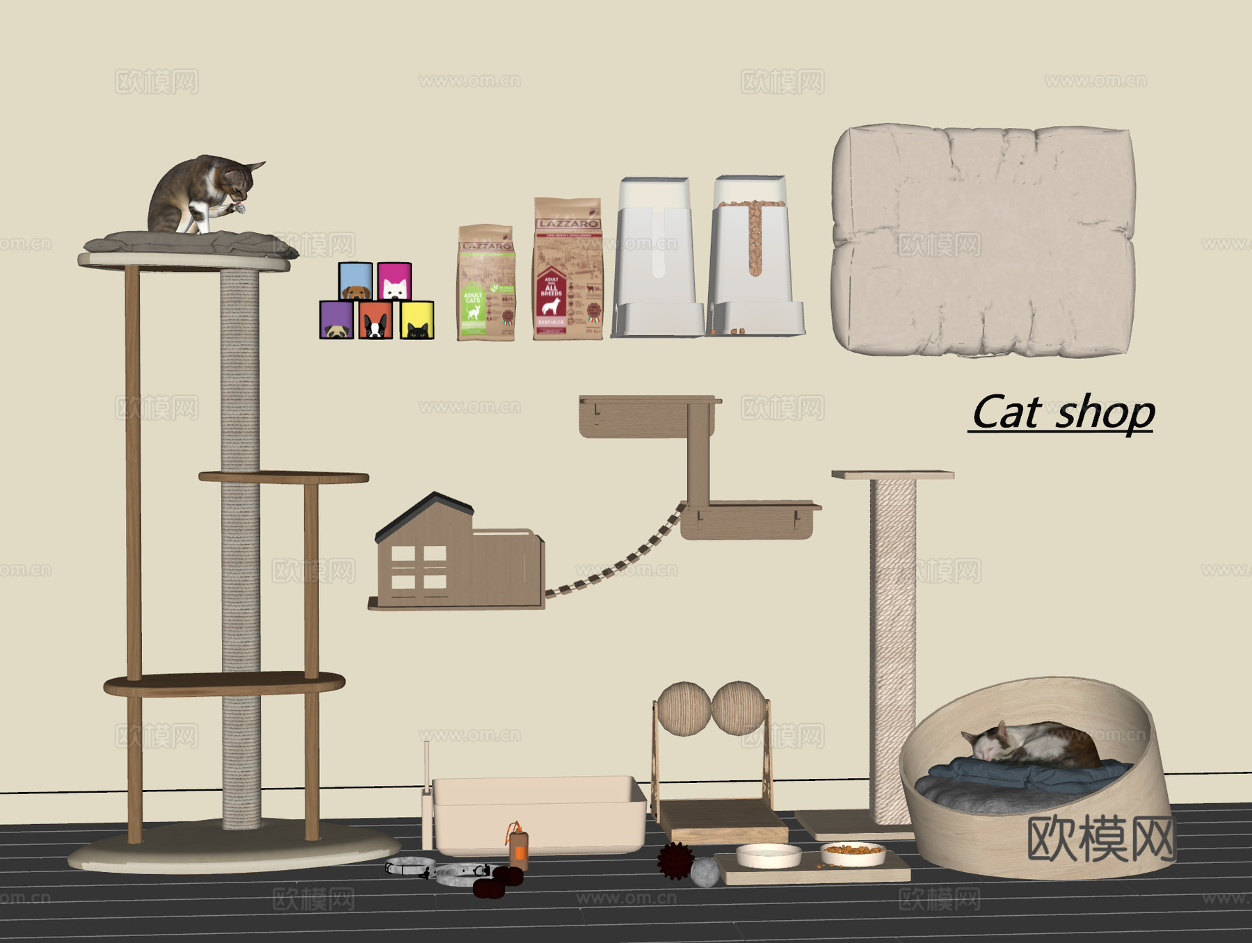 现代猫爬架 猫抓板 猫咪用品 宠物用品 猫粮桶 猫窝su模型