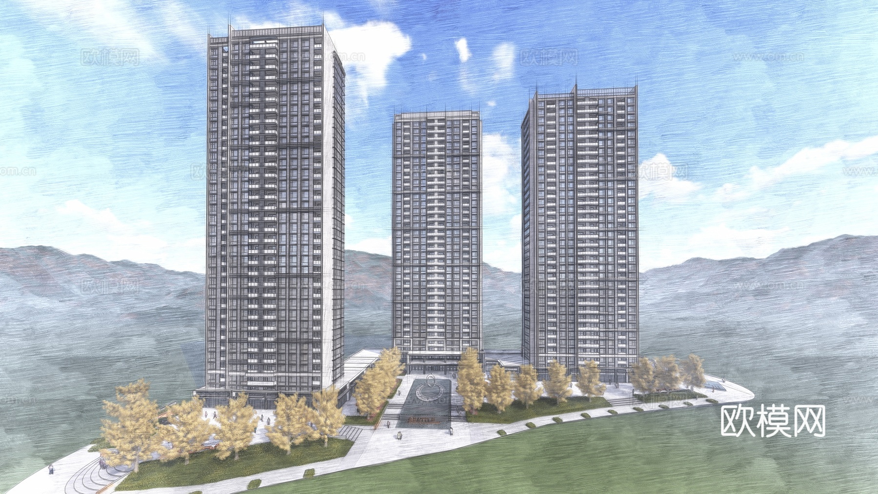 现代高层住宅小区su模型