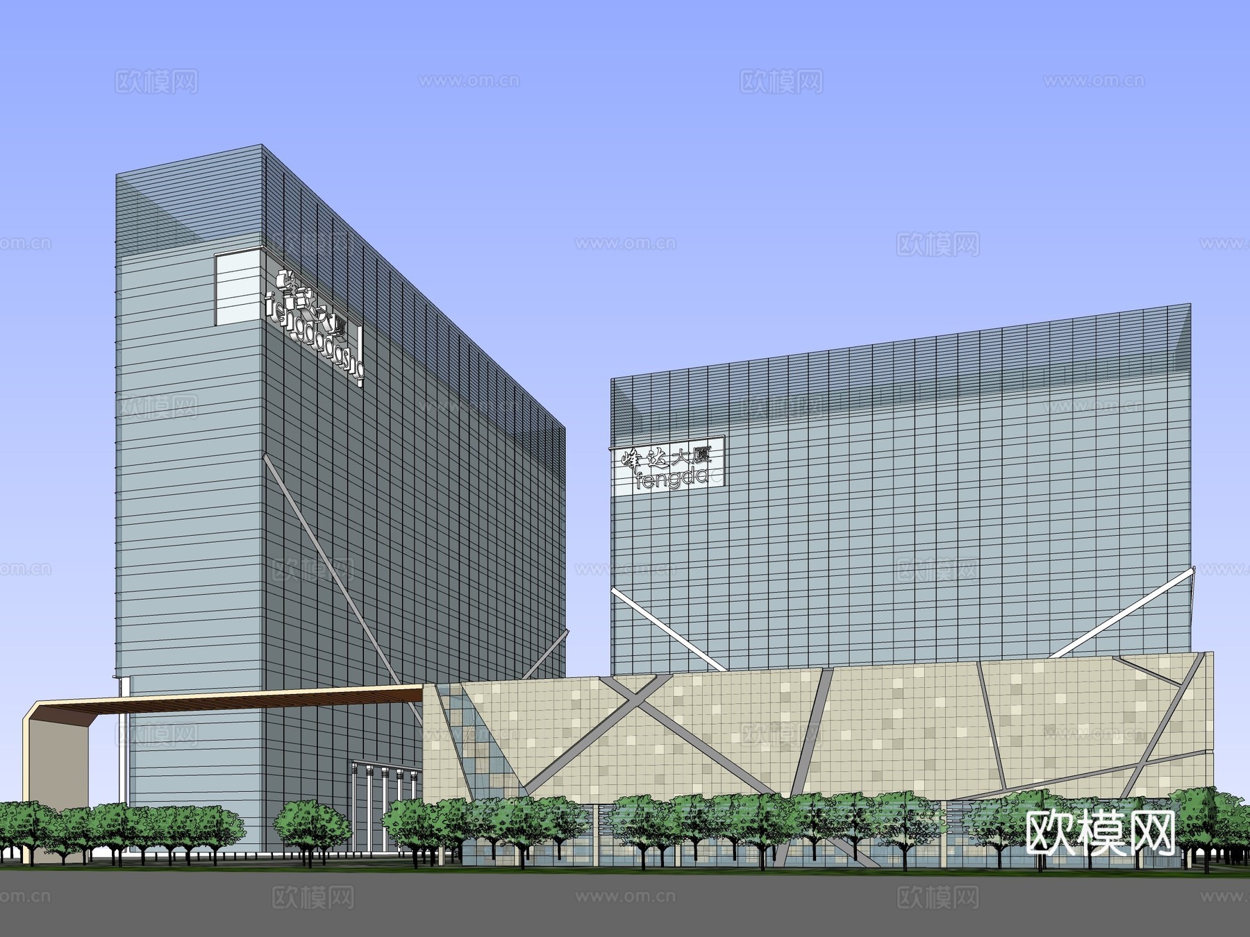 现代高层写字楼建筑外观su模型下载