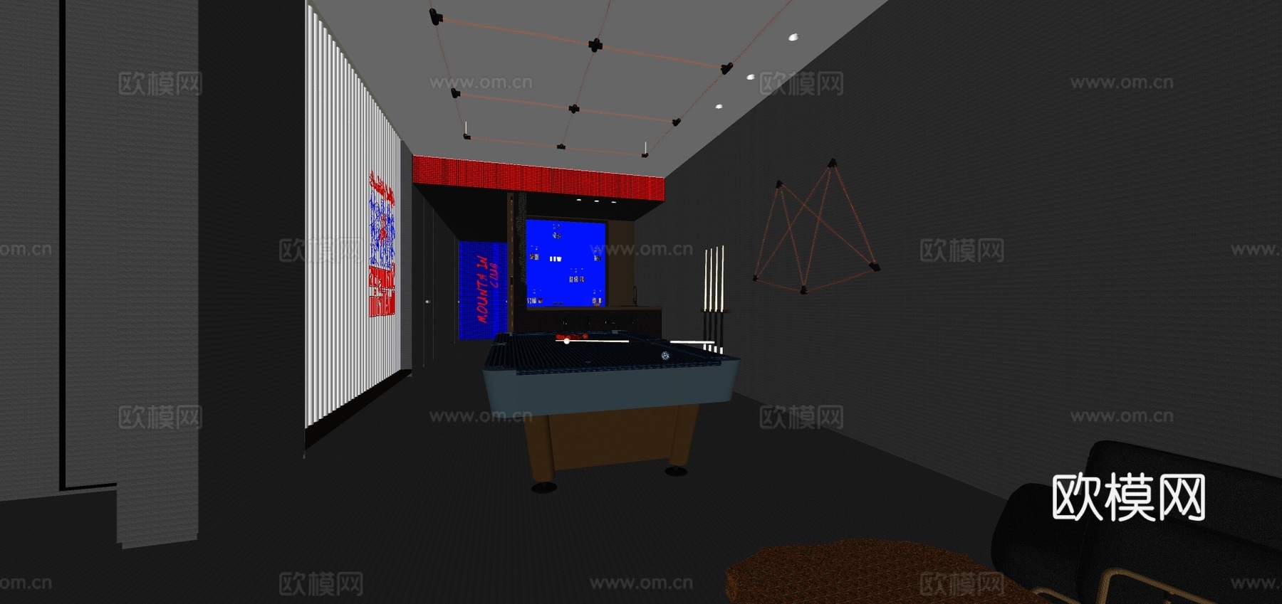 现代台球厅台球室su模型下载