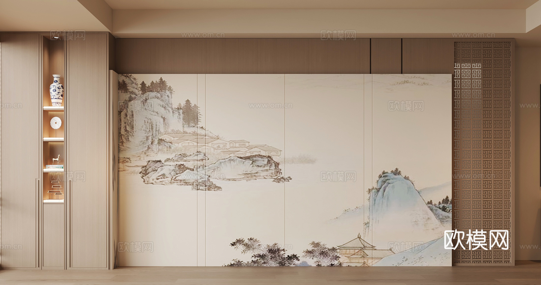 新中式背景墙3d模型