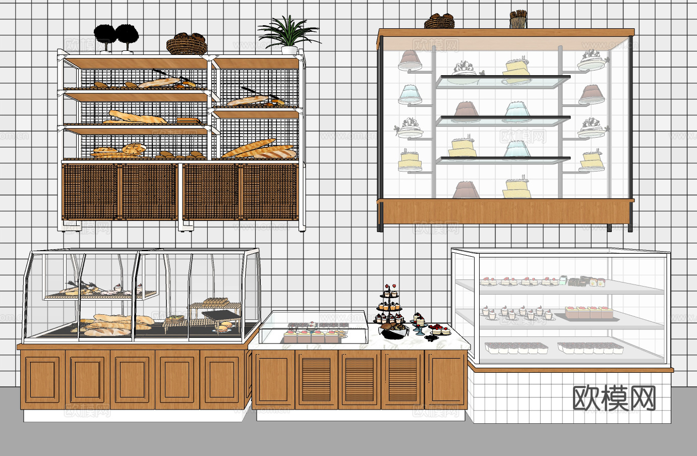 现代蛋糕面包糕点货架展柜su模型下载