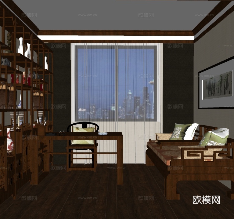 新中式书房su模型下载