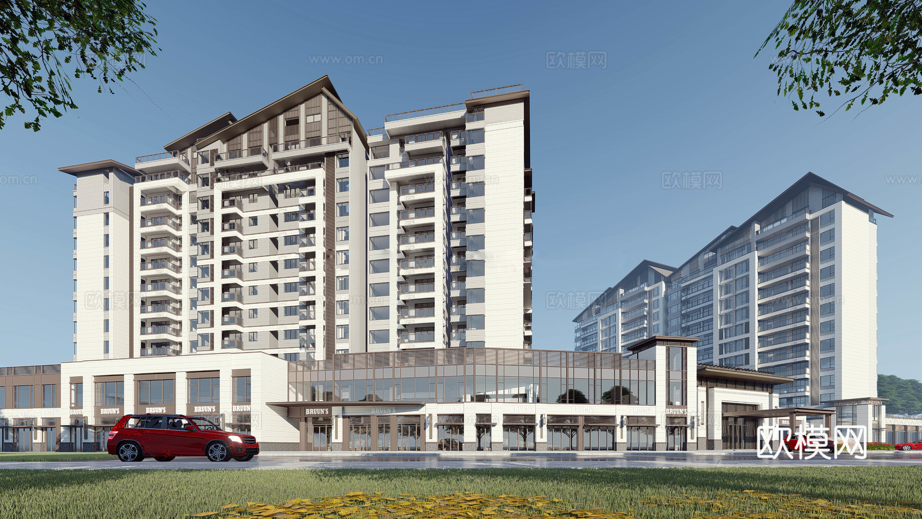 新中式住宅小区外观su模型下载