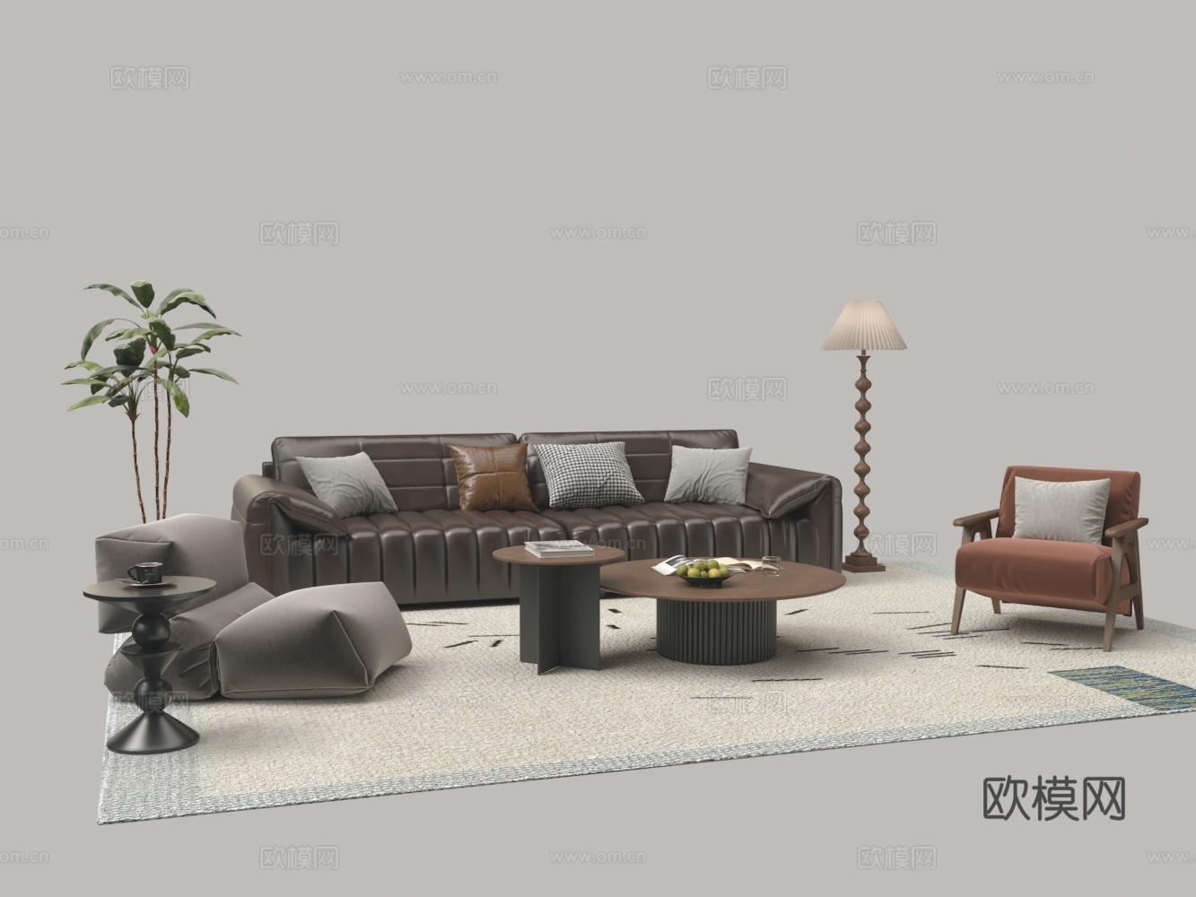 沙发茶几组合 皮革沙发 茶几 休闲椅 盆栽3d模型