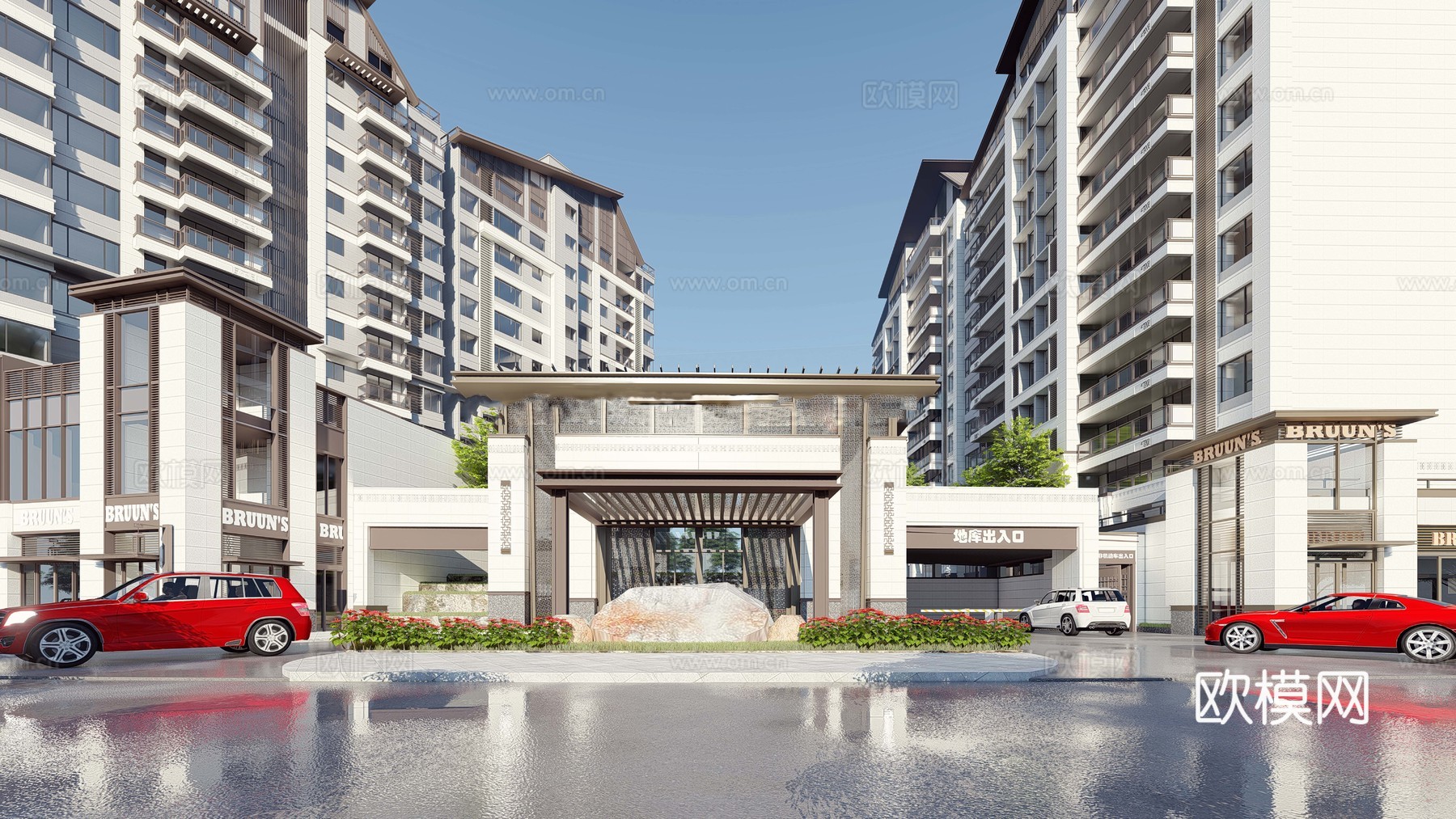 新中式住宅小区外观su模型下载